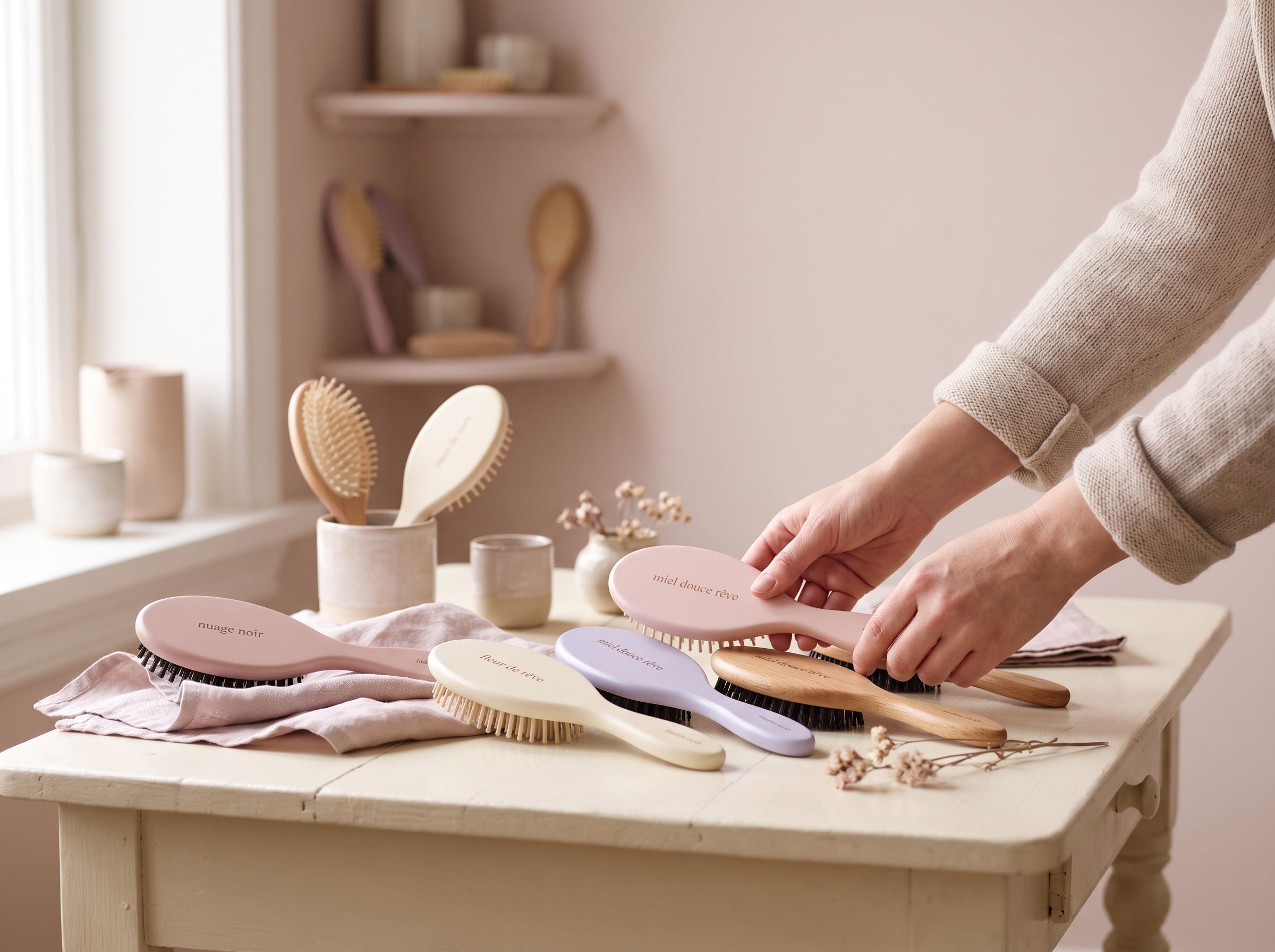 Brosse à cheveux posée sur une coiffeuse
